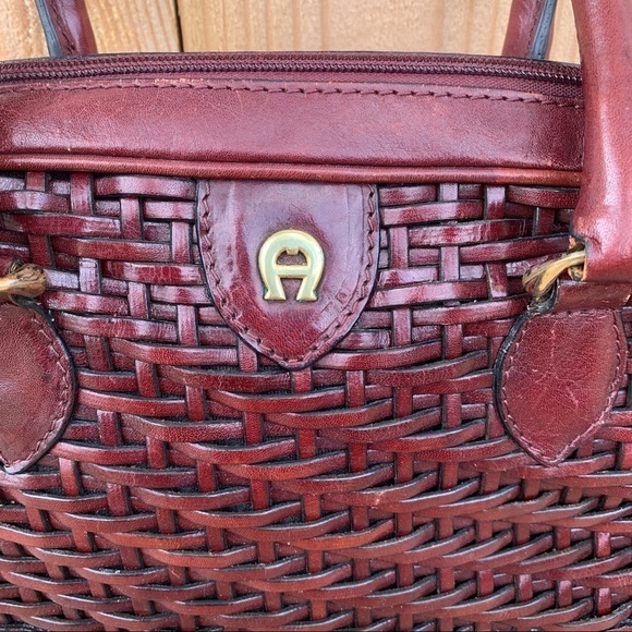 Cute Etienne Aigner Basket Weave Vintage Purse Handbag Burgundy Leather Satchel - Picture 2 of 6